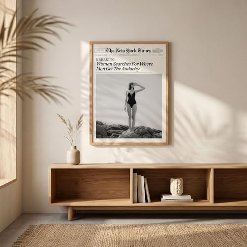 Trendy NewsPaper Wall Art 12x18in Wood Grain Frame Woman Searches - Image 2