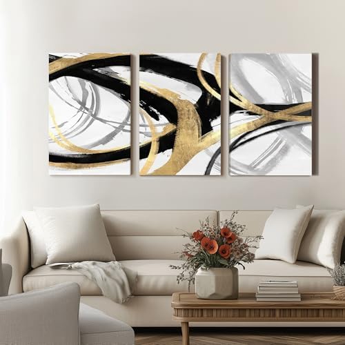 DUWQU Triptych Black Gold White abstract Lines Canvas Wall Art 16x24 in x3 - Image 2