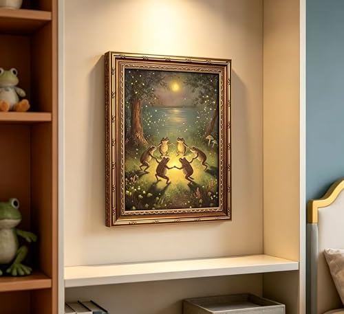 Vintage Gold Framed Frog Wall Art, Frogs Dancing in Moonlight Forest Painting - Image 4