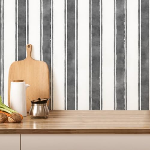 17.3" x 300" Watercolor Black Striped Peel and Stick Wallpaper - Image 6