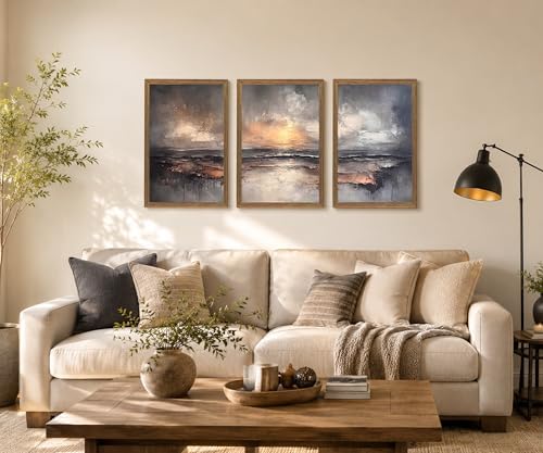 Framed Moody Coastal Sunset Ocean Landscape Canvas Wall Art Set of 3 - Image 7
