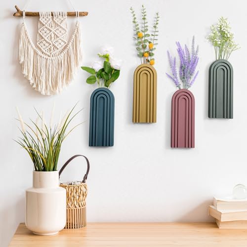 Ziliny 4 Pack Boho Wall Planters Wood Hanging Vases Indoor, Morandi Color - Image 3