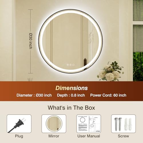 30 Inch Round Black Framed LED Bathroom Mirror - Image 2