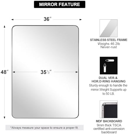 ANDY STAR 36"x48"Chrome Bathroom Mirror, Large Wall Mirror - Image 3