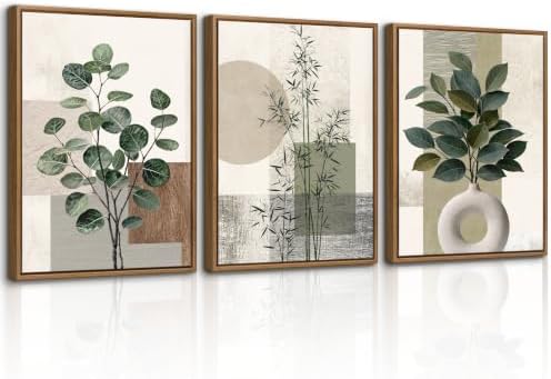 3 Pcs Framed Sage Green Boho Botanical Neutral Abstract Canvas Wall Art by WENGTIAO