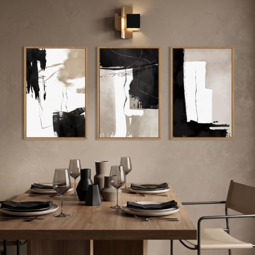 Abstract Black White Brown Framed Canvas Wall Art Set-24"x36"x3 - Image 3