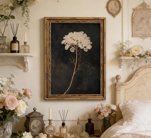 Vintage Gold Framed Floral Wall Art Dark Moody Flower Botonical Canvas Painting - Image 3