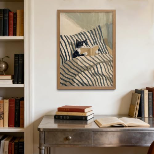 Framed Whimsical Wall Art Tuxedo Cat Reading Book Canvas Print Decor - Image 3