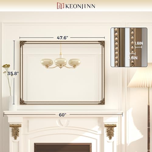 Keonjinn 48x36 Inch Gold Antique Vintage Mirror, Brass Baroque Mirror - Image 5