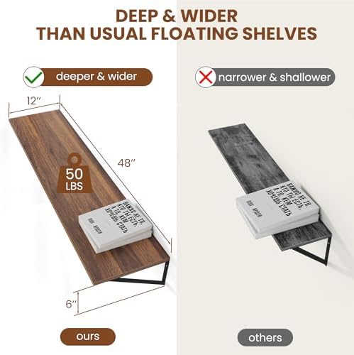 Heimlove 48W x 12D Deep Floating Shelves Set of 2 Walnut - Image 3