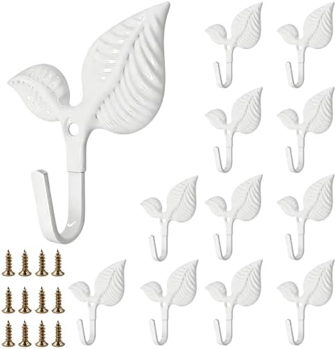 Set of 12 Vintage Leaf Wall Hooks, Rustic White Iron Heavy Duty Coat Hangers by Unknown