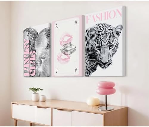 Pink Leopard Trendy Wall Art Cheetah Black White Canvas Wall Decor Fashion - Image 4