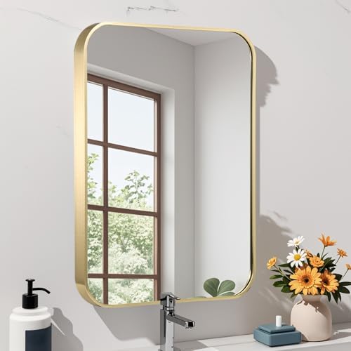 22x30 Inch Gold Bathroom Mirror, Brushed Brass Gold Metal Framed Rectangular - Image 2