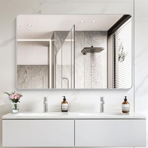 55x36 Inch Silver Bathroom Mirror, Large Rectangular Vanity Mirror, Metal - Image 2