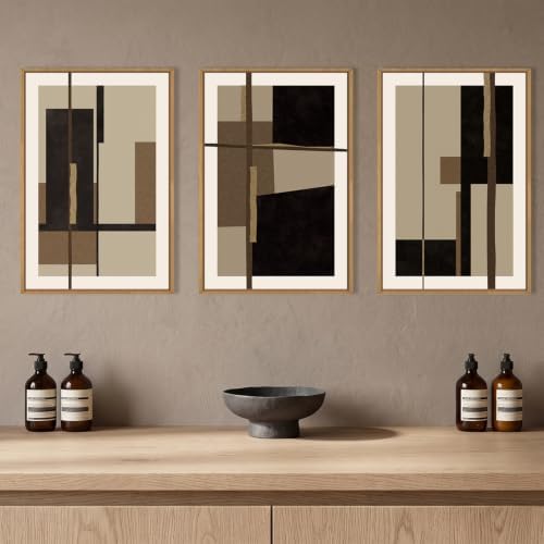 Abstract Black Brown Shapes Framed Canvas Wall Art Set-16"x24"x3 - Image 3