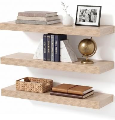 Oak Wood Floating Shelves, 24 Inch Long Wooden Wall Shelf Set of 3 by Mifurn