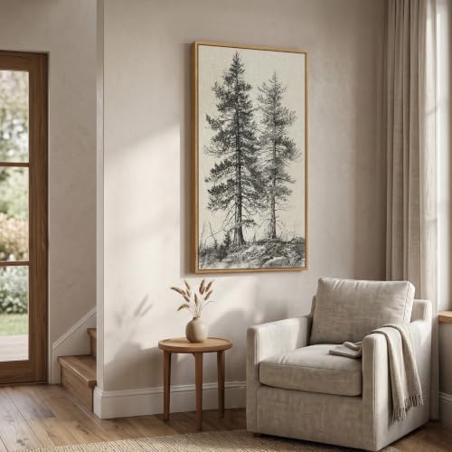 Framed Vintage Sketch Pine Tree Vertical Wall Art - Image 2