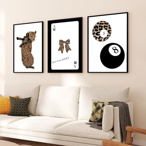 Set of 3 Trendy 8 Ball Leopard Wall Art Ace Card Bow Wall Decor Pictures Funky - Image 6