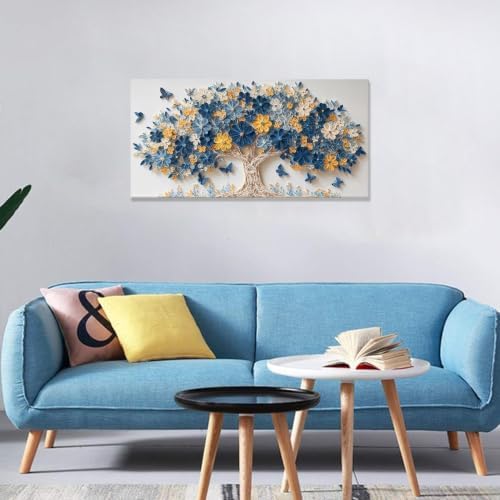 Blue Floral Tree Butterfly Canvas Wall Art Decor - Image 3