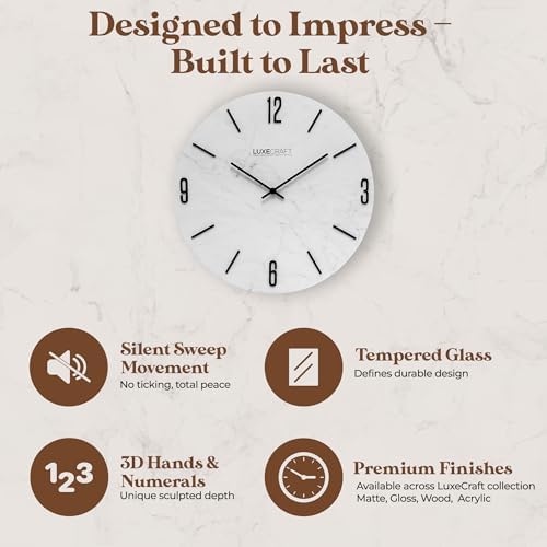 16 Inch Silent Non-Ticking Modern 3D Wall Clock Carrara Frost, Glass Face - Image 3