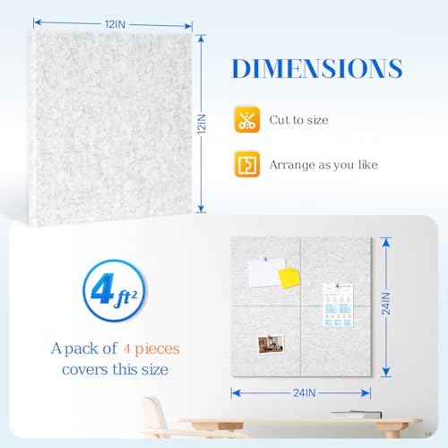 DOLLAR BOSS Felt Cork Board Tiles 4 Pcs 12"x12" Bulletin Board, Light Grey - Image 2
