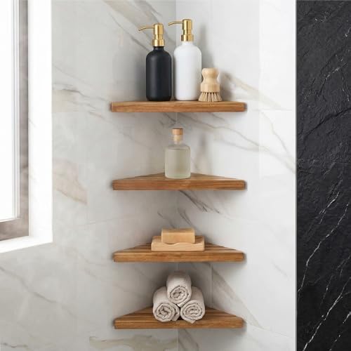 ENKEZI Acacia 2, 4 Tiers Corner Shower Shelf, Triangular Corner Shelf Wooden - Image 4
