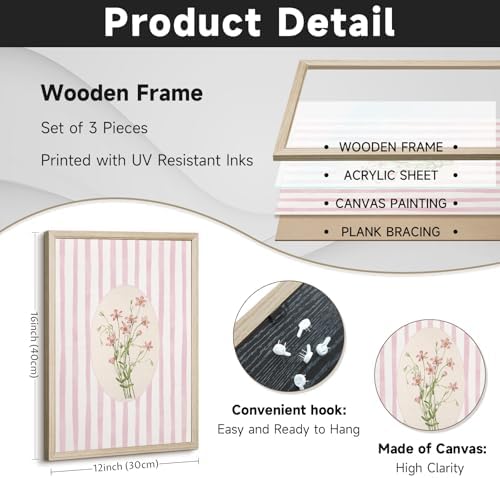 Youillne Pink Flower Wall Art Striped Floral Prints Botanical Canvas Wall Decor - Image 2