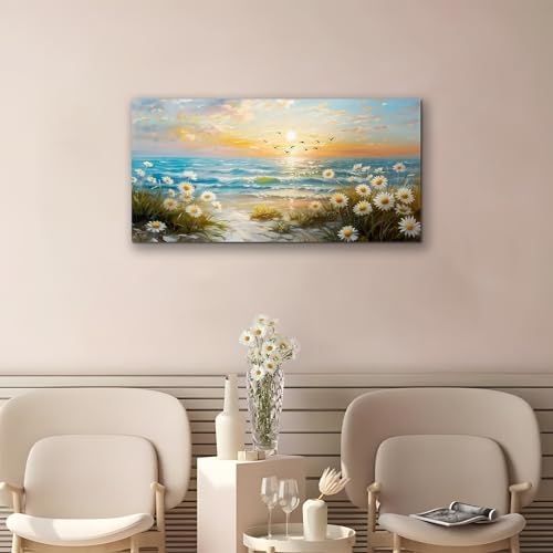 SERIMINO Sunset Landscape Wall Art, Coastal Floral Canvas Painting 20"X40" - Image 2