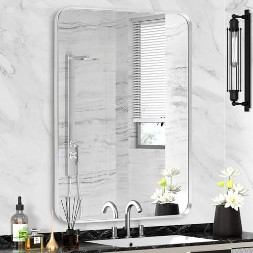 Silver Bathroom Mirror 24x30in, Metal Framed Rounded Rectangle by Minuover