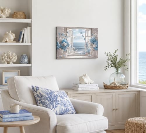 Birnsen Coastal Bathroom Flower Canvas Wall Art Blue Hydrangea Fake Window - Image 2