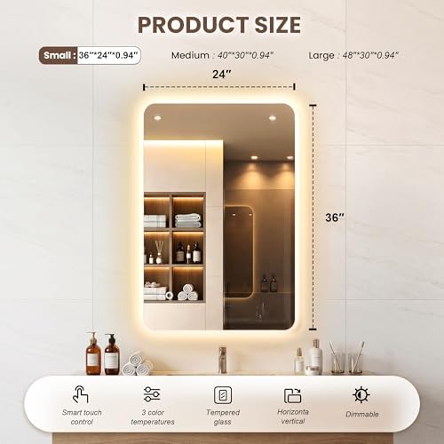 24"x36" LED Backlit Bathroom Mirror Dimmable - Image 2