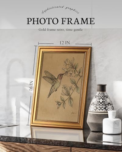 VIYYIEA Vintage Gold Framed Wall Art, Hummingbird Sketch Print, 12x16 inch - Image 5