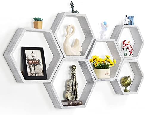 Hexagon Floating Shelves Set of 6, Wall Mounted Wood by NORCEESAN