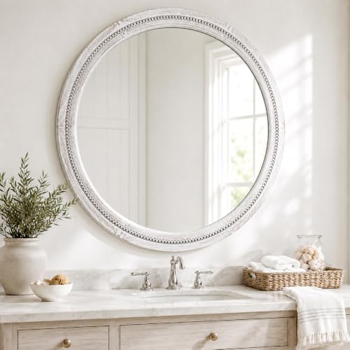 Solid Wood 36 Inch Round Beaded Wall Decor Mirror, Distressed White - Image 7