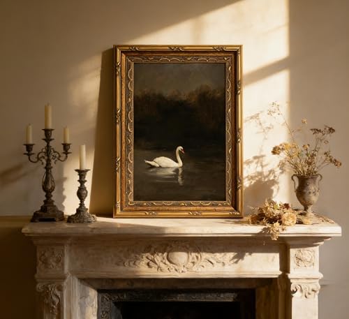 Vintage Gold Framed White Swan Canvas Wall Art Dark Academia Gothic Duck - Image 3