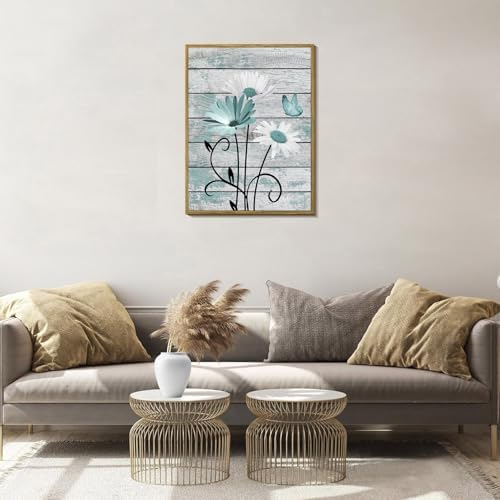 HVEST Farmhouse Teal Floral Framed Wall Art Rustic Daisy Butterfly on Vintage - Image 3