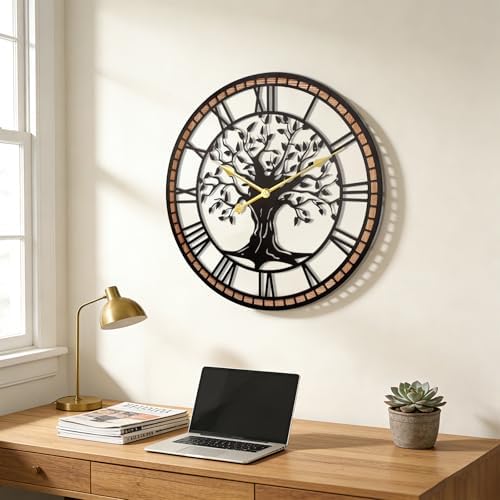 24" Tree of Life Wood and Metal Wall Clock, Rustic Decor - Image 5