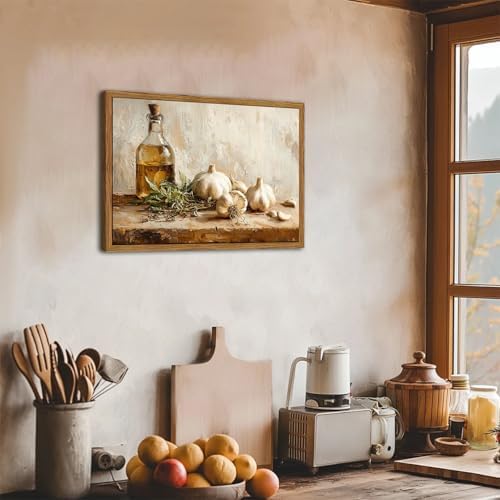 Framed Vintage Kitchen Canvas Wall Art, Rustic Garlic and Herbs Pictures Wall - Image 2