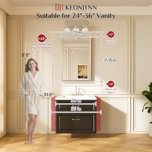 Keonjinn Brushed Gold Bathroom Mirror 24" x 36", Safe HD Tempered Glass - Image 2
