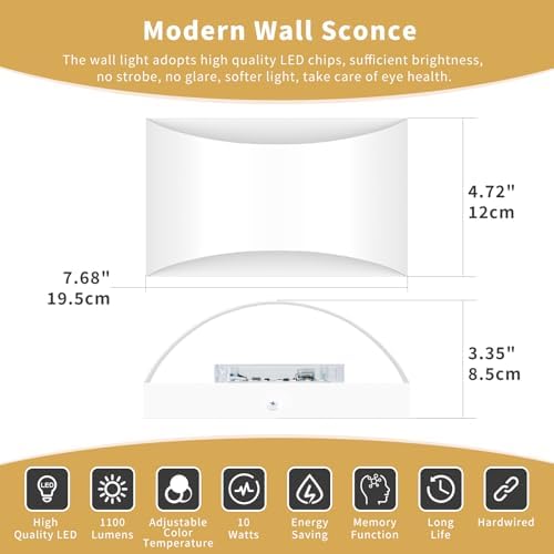 White Modern LED Wall Sconce, 3 Colors Hardwired Indoor Wall Lights - Image 2
