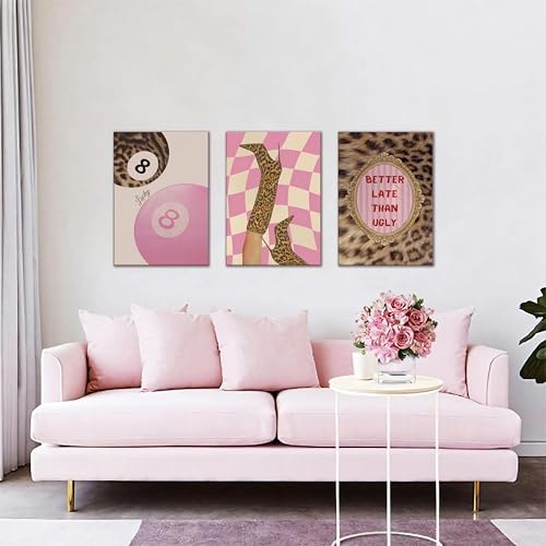 Framed Pink Leopard Print Wall Art Set of 3, Trendy Fashion Lucky 8 Ball Canvas - Image 2