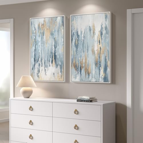 Large White Framed Blue and Gold Abstract Wall Art - Image 2