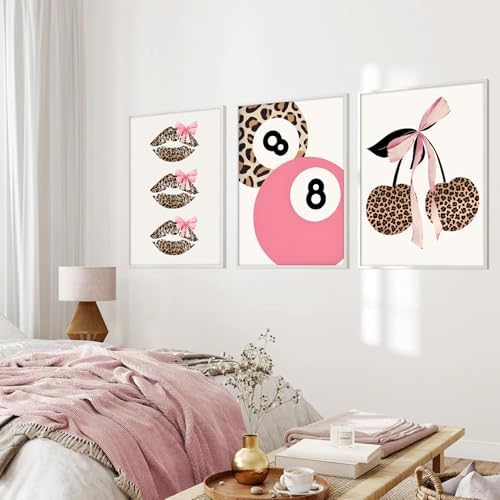 Trendy Pink Leopard Bow Wall Art Set of 3 Funky Cherry Lucky 8 Ball Posters - Image 3