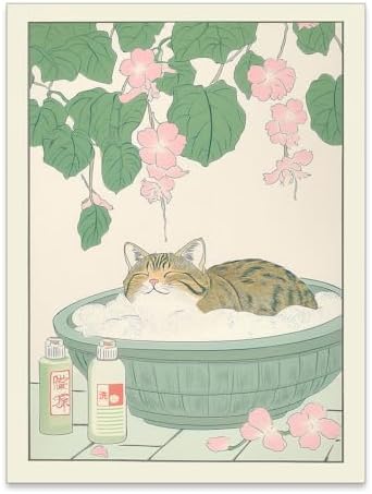 Tabby Cat In Bathtub Prints Rustic Neutral Japanese Canvas Wall Art Cute by Unknown