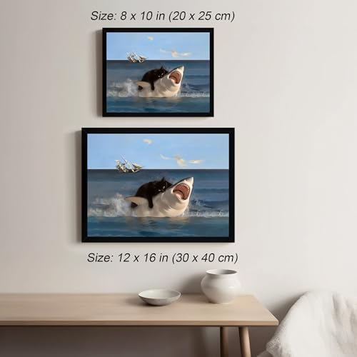 ICHZUMW Framed Funny Black Cat Biting Shark Ocean Canvas Wall Art 8x10 In - Image 5