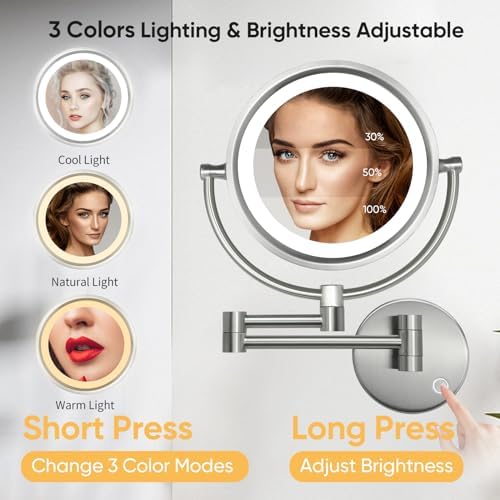 GURUN Hardwired LED Makeup Mirror Wall Mount Extendable Touch Brushed Nickel 10x - Image 2
