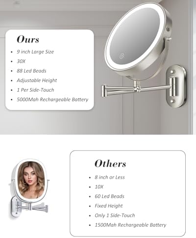 9'' 30X/1X Wall Mounted Height Adjustable Lighted Magnifying Makeup Mirror - Image 3