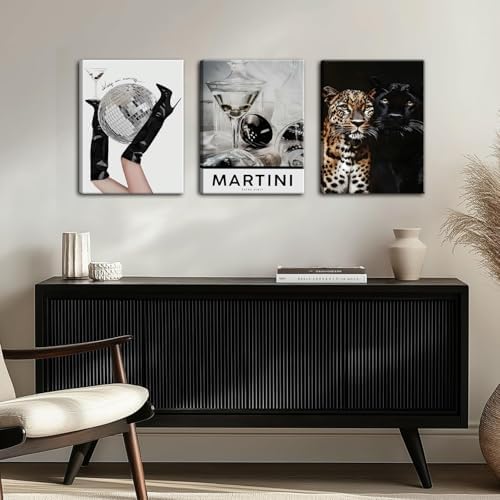 Framed Trendy Leopard Canvas Wall Art Set of 3, Funky Martini Cheetah Pictures - Image 6