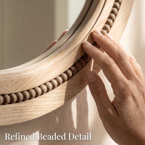 Solid Wood 30 Inch Round Beaded Vanity Wall Mirror, Natural Wood - Image 3