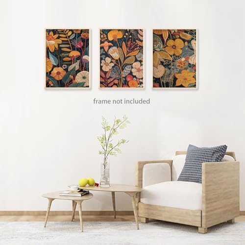TBKHUDBI Burnt Orange Floral Canvas Wall Art, Mid Century Modern Wall Decor - Image 3